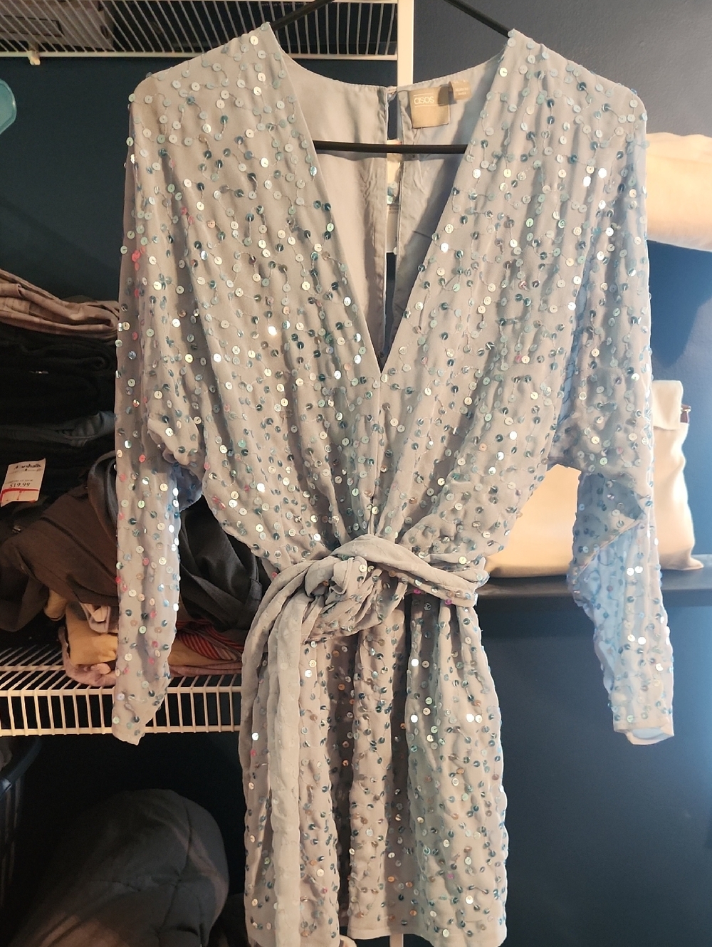 NWT Women's ASOS Light Blue Long Sleeve Sequin Waist-Tie Mini Dress Size 6